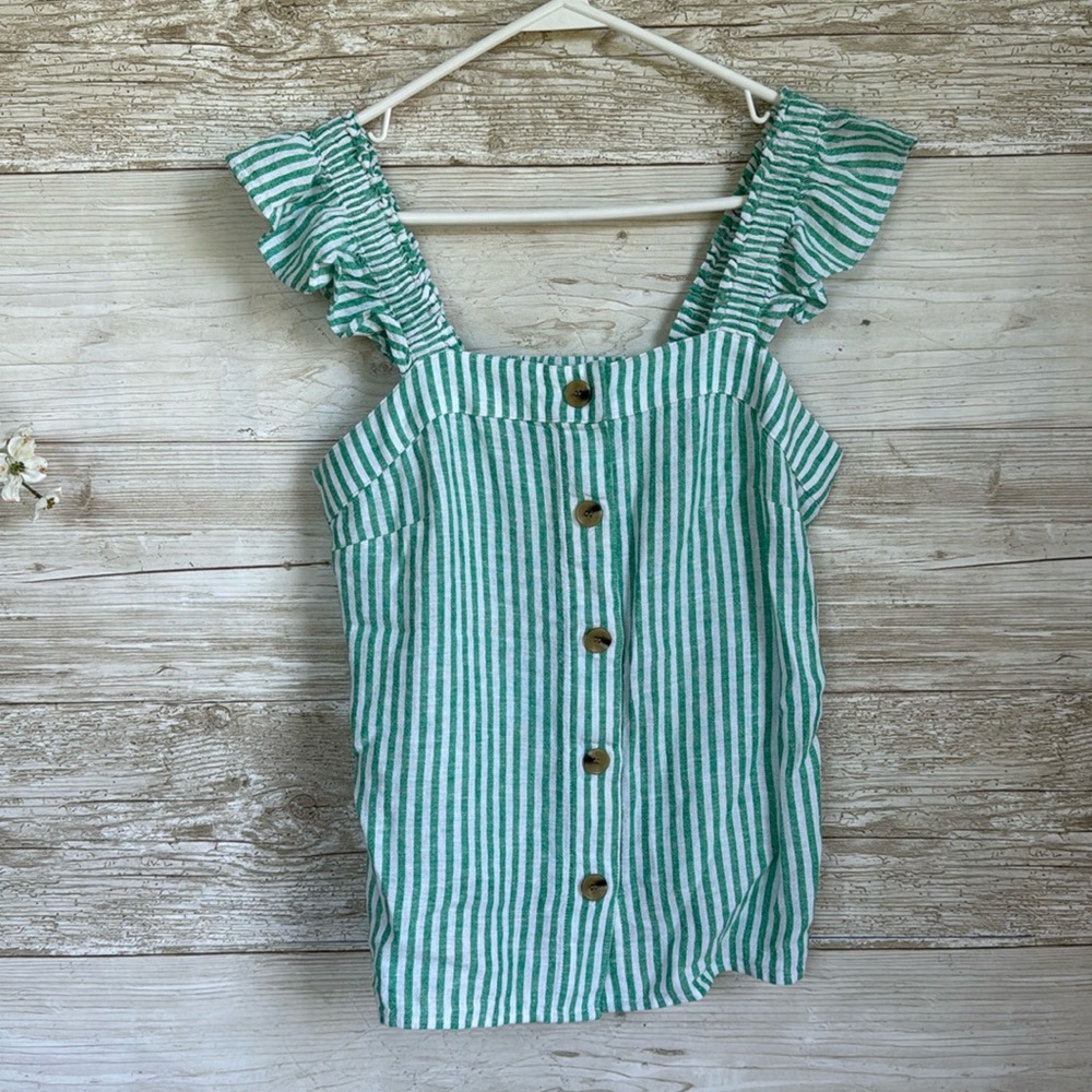 J. Crew Factory Green and White Vertical Stripe Ruffle Strap Tank